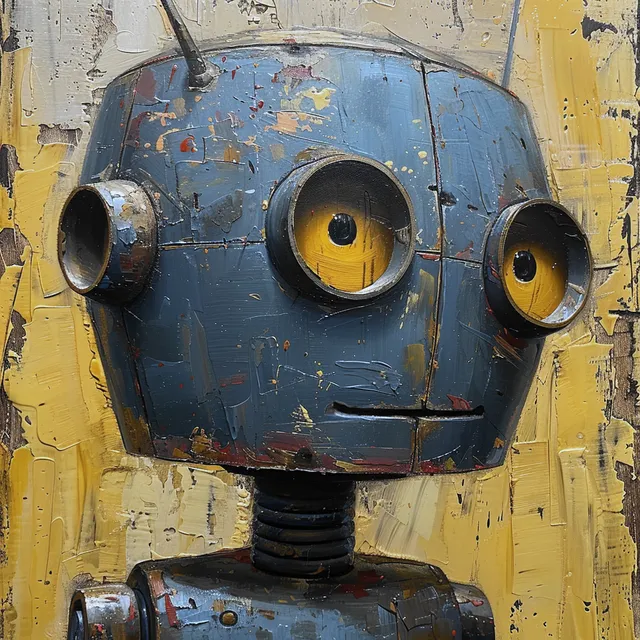 Phillip, a painted robot with round brass eyes, on a yellow background